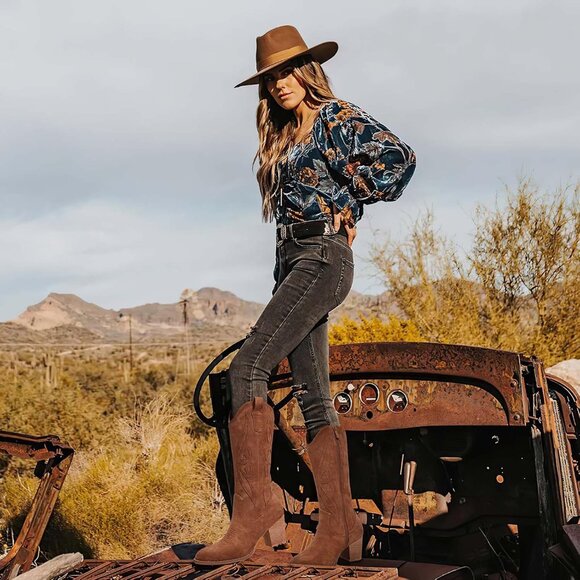 Women 1828-brown Suede leather Embroidered Country Heel Pointed Toe Booties - Picture 2 of 6